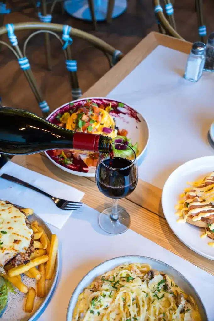 Dinner spread with wine